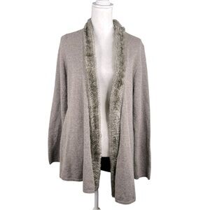 Vertical Design Brown Knit Rabbit Hair Blend Trim Open Winter Cardigan Size XL